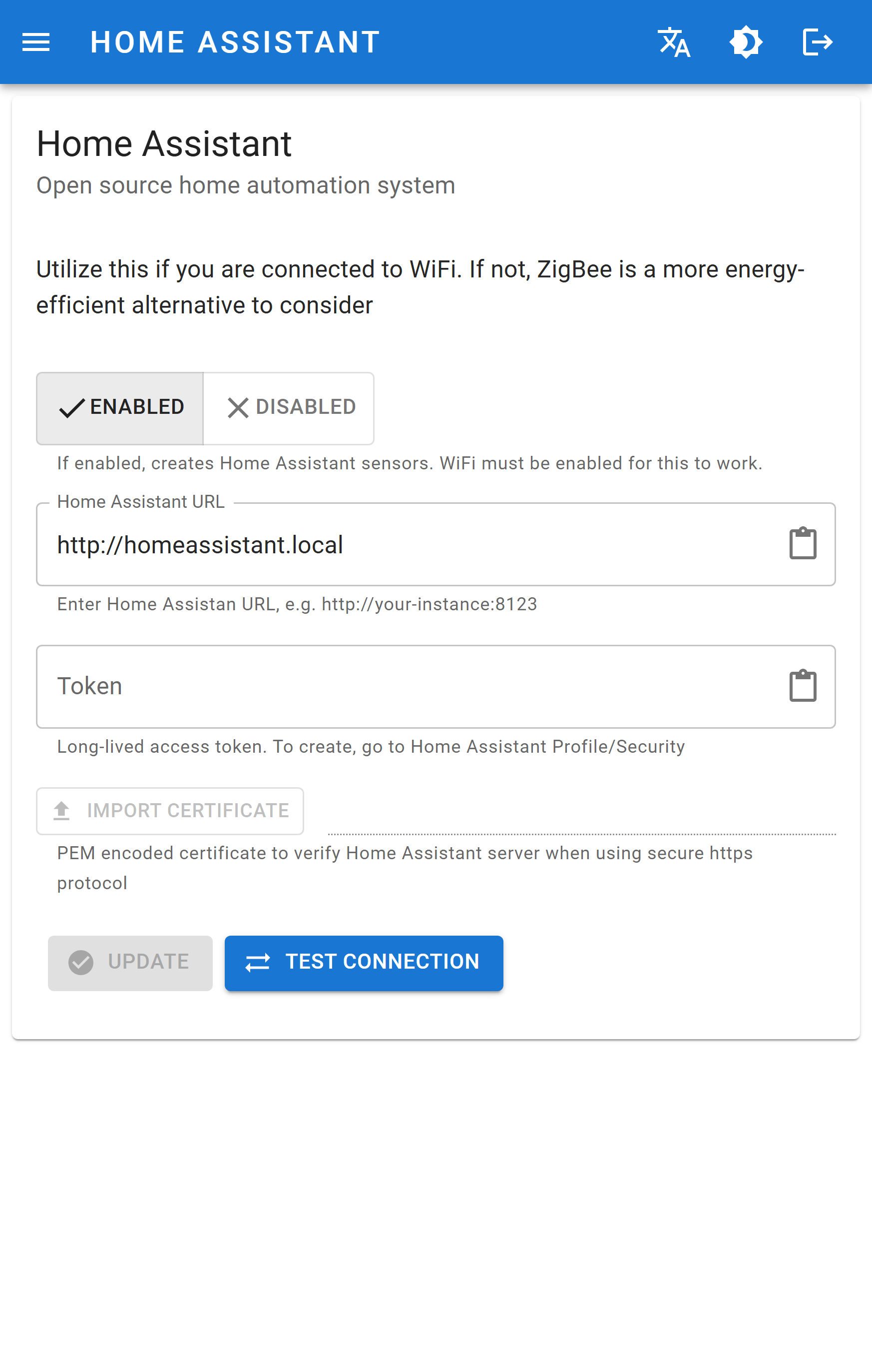 Home Assistant settings