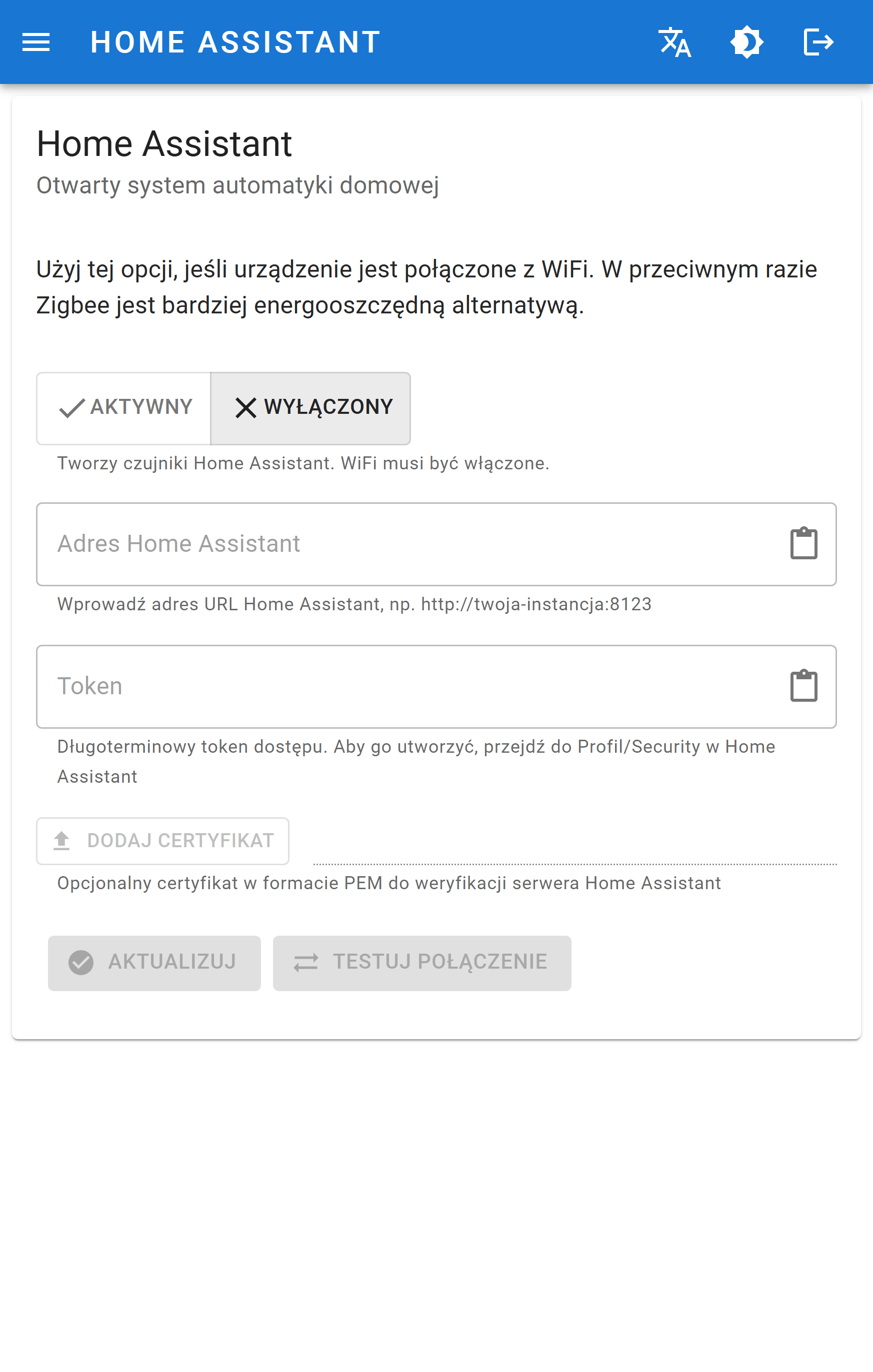 Ustawienia Home Assistant