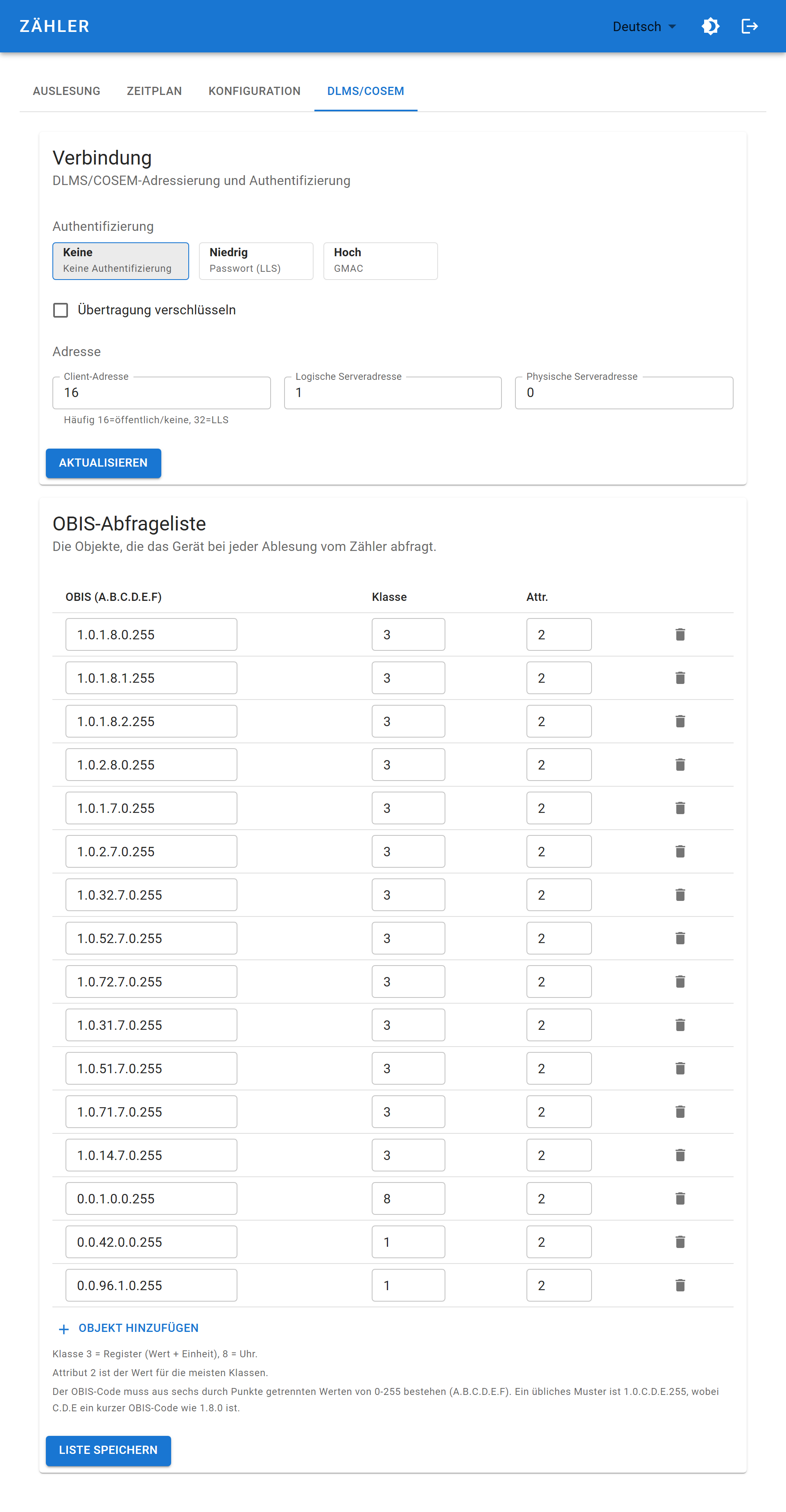 Registerkarte DLMS/COSEM