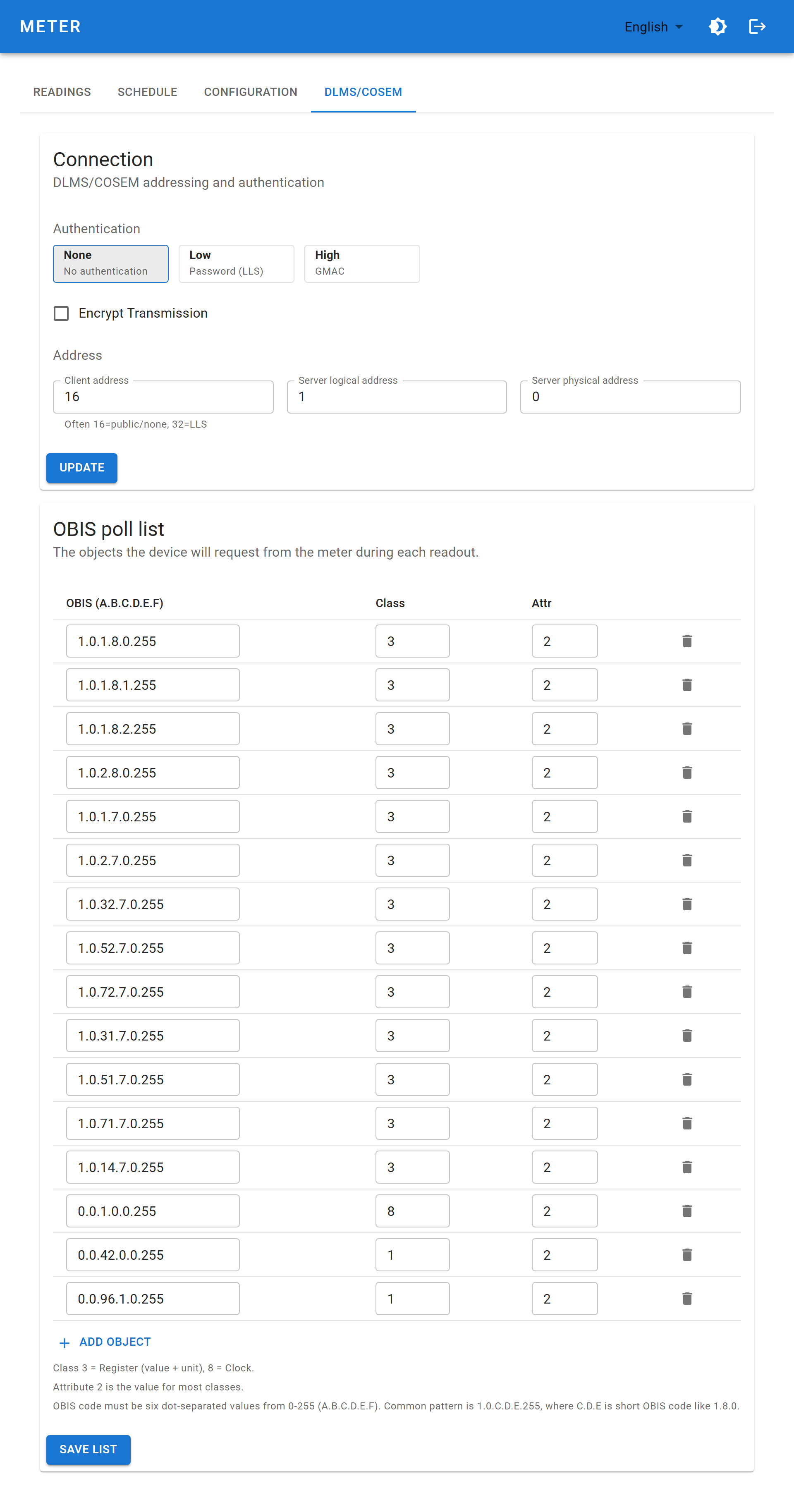 DLMS/COSEM tab