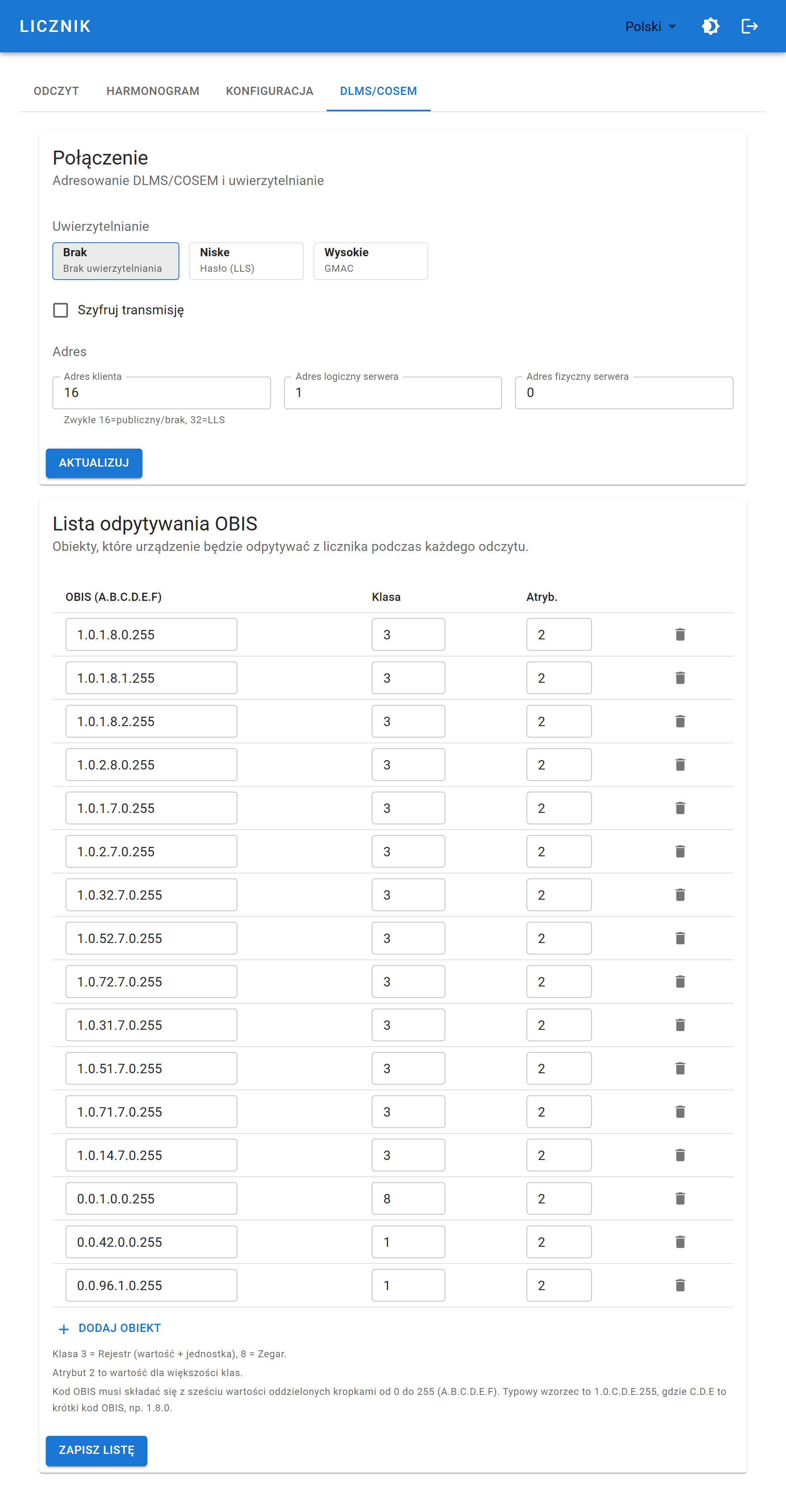 Zakładka DLMS/COSEM