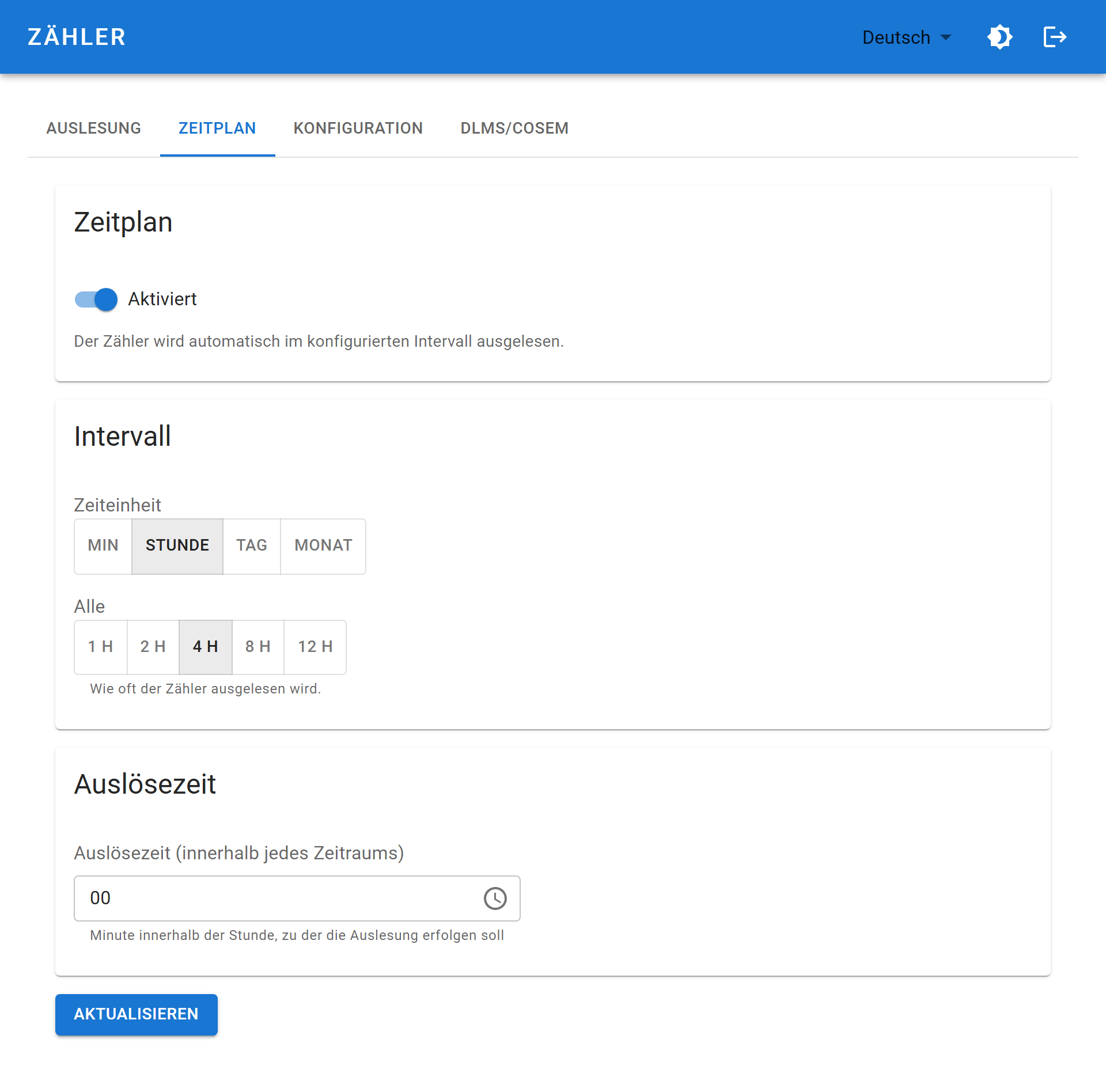 Registerkarte Zeitplan