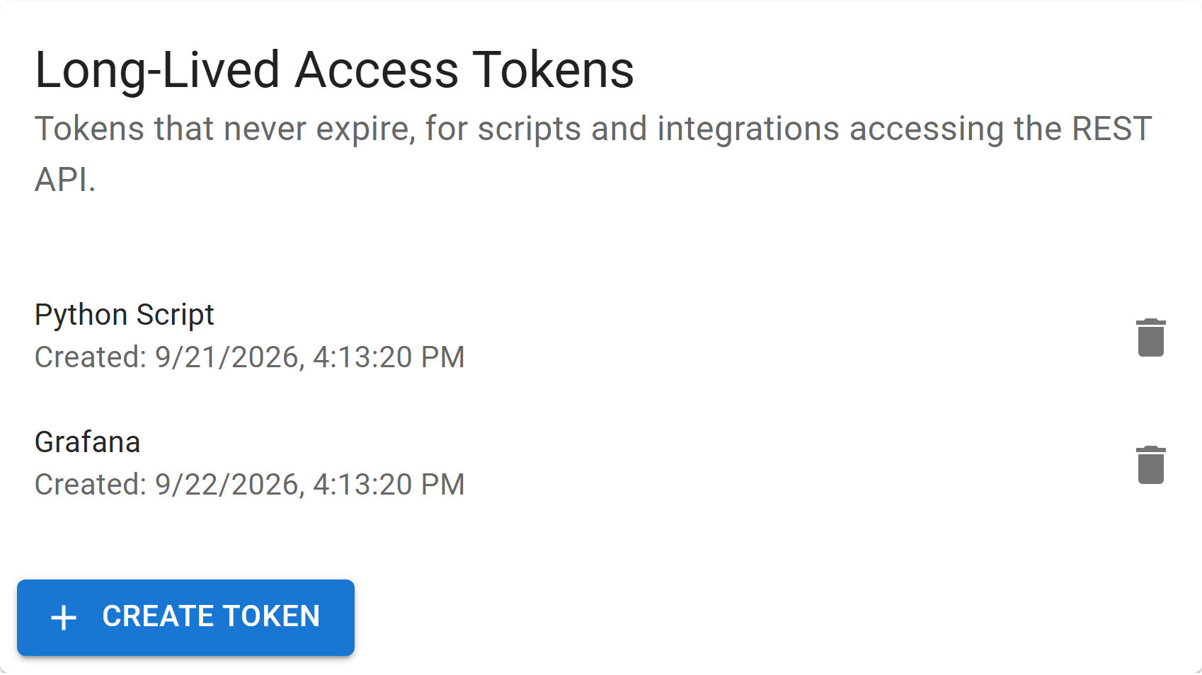 Long-lived access tokens card