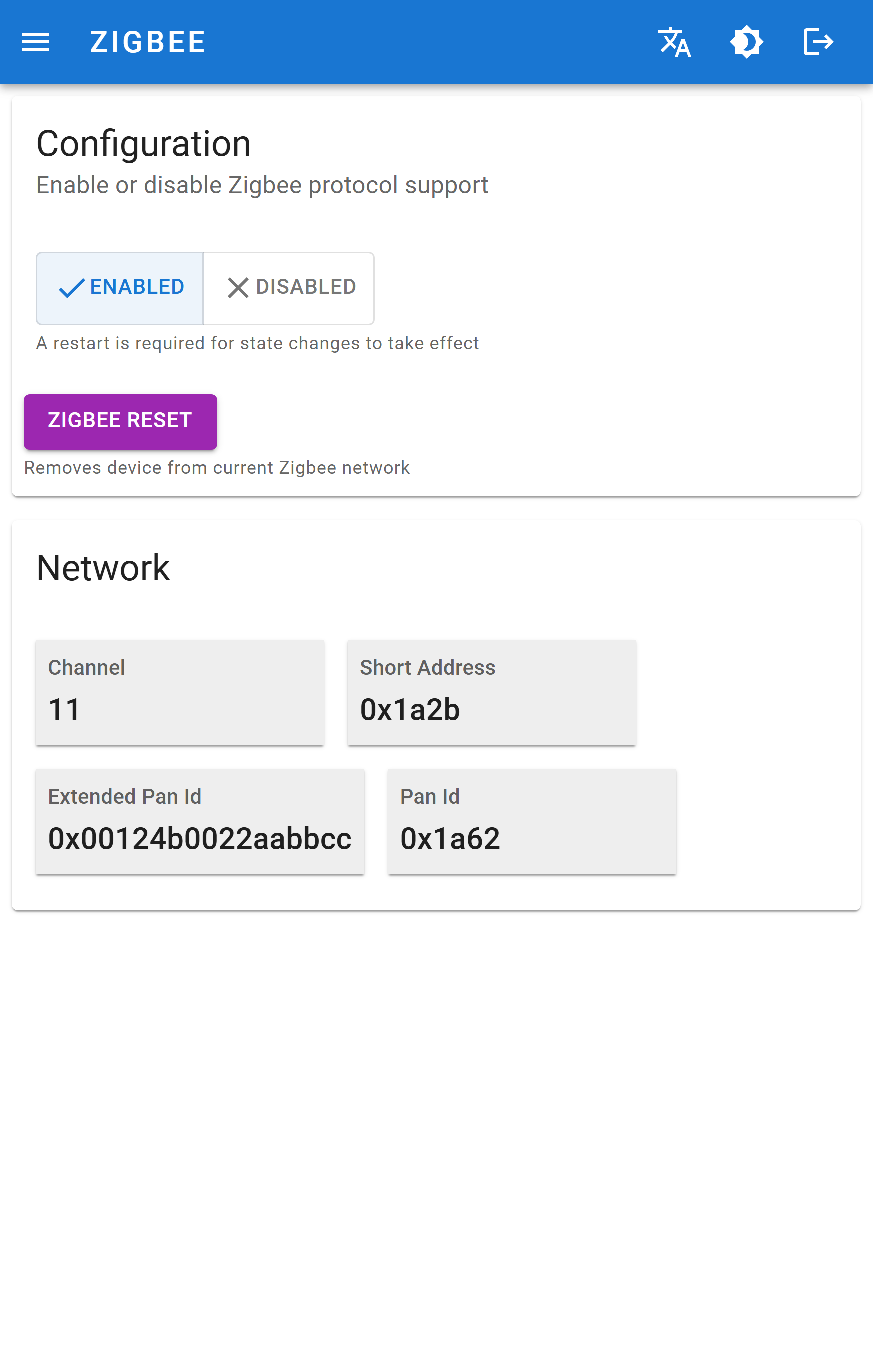 Zigbee settings